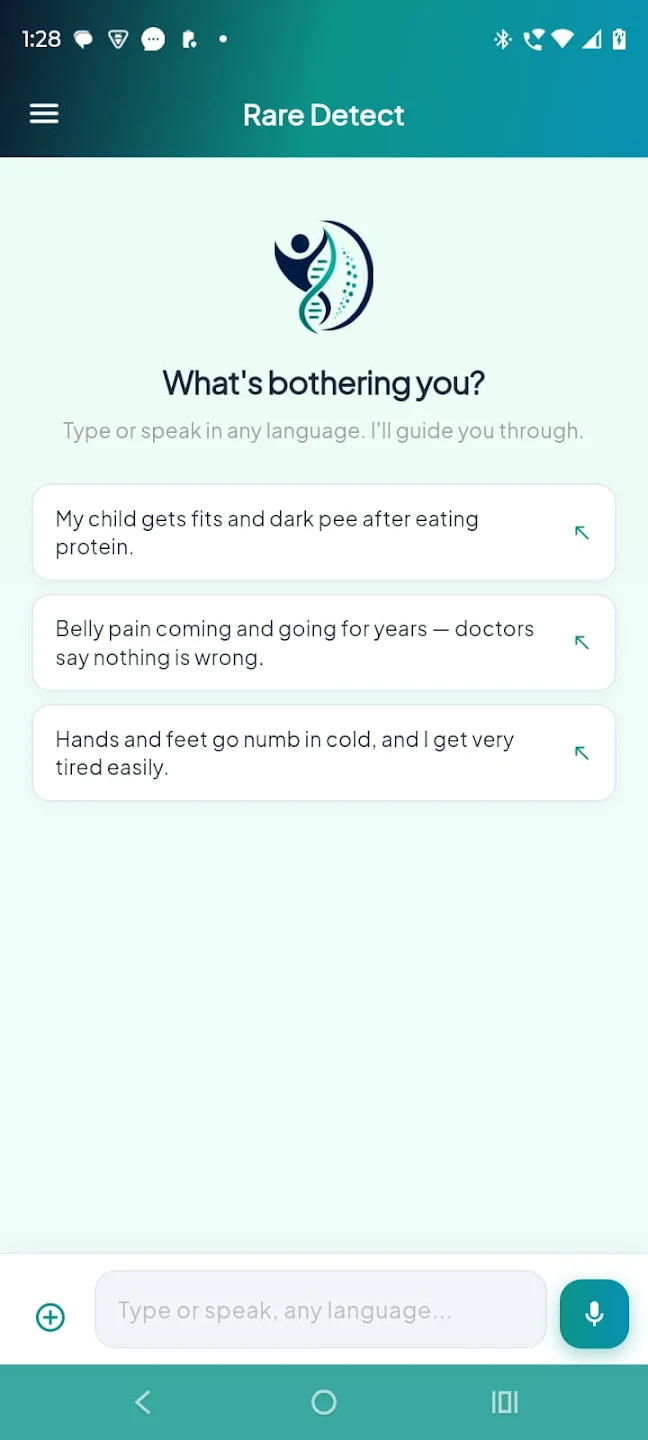 The Rare Detect app symptom entry screen, asking “What's bothering you?” with example symptom prompts and a type-or-speak input bar.